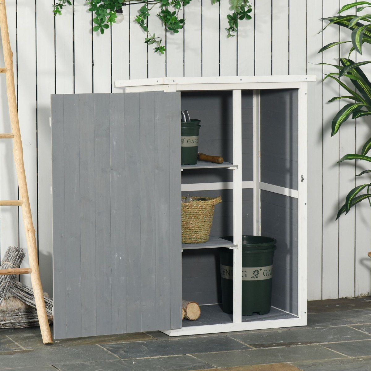 Outsunny Wooden Small Shed, Garden Storage Shed with Shelves and Bolt Latch, 75L x 56W x115H cm, Grey - Dandys Landscape Supplies