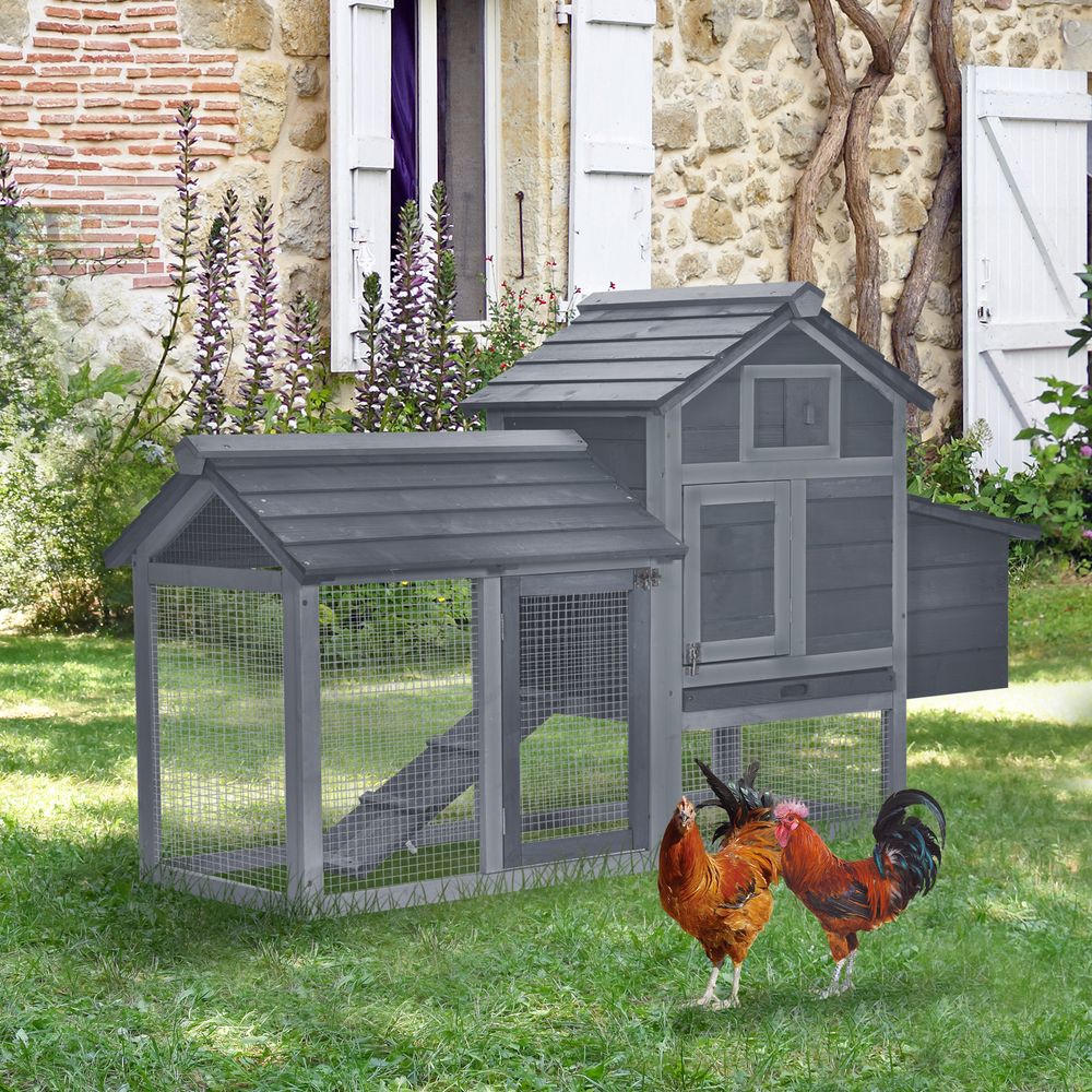 Pawhut Small Chicken Coop Hen Cage Nesting Box W/ Outdoor Run 150.5X54x87 Cm Grey - Dandys Landscape Supplies