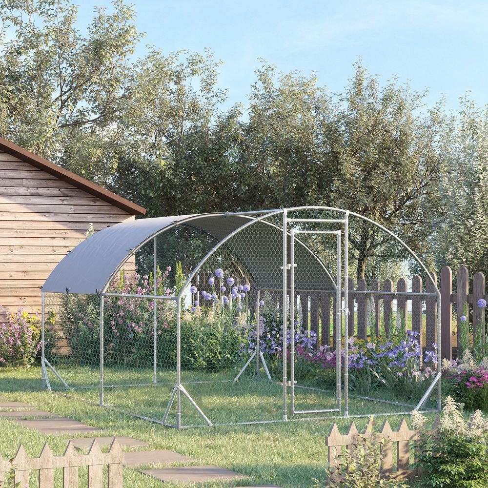 PawHut Walk In Chicken Run Galvanised Chicken Coop Hen Poultry House Cage Rabbit Hutch Pet Playpen Garden with Water - Resist Cover, 2.8 x 3.8 x 2m - Dandys Landscape Supplies