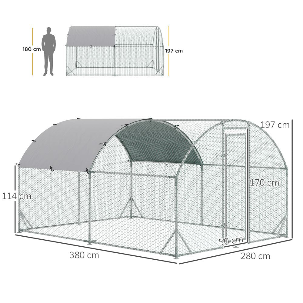 PawHut Walk In Chicken Run Galvanised Chicken Coop Hen Poultry House Cage Rabbit Hutch Pet Playpen Garden with Water - Resist Cover, 2.8 x 3.8 x 2m - Dandys Landscape Supplies
