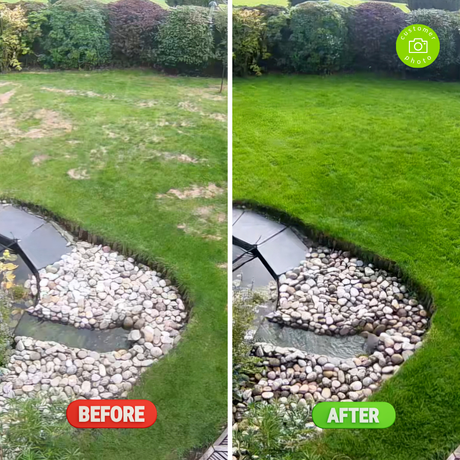 A side-by-side before and after comparison of a backyard lawn, showing dry grass patches on the left labeled BEFORE and a lush green lawn on the right labeled AFTER. The image includes a circular 'Custom Photo' watermark in the top right and red and green BEFORE and AFTER labels at the bottom.