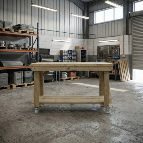 Indoor/outdoor workbench, pressure treated bench with wheels - Dandys Landscape Supplies