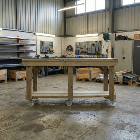 Indoor/outdoor workbench, pressure treated bench with wheels - Dandys Landscape Supplies