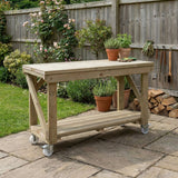 Indoor/outdoor workbench, pressure treated bench with wheels - Dandys Landscape Supplies