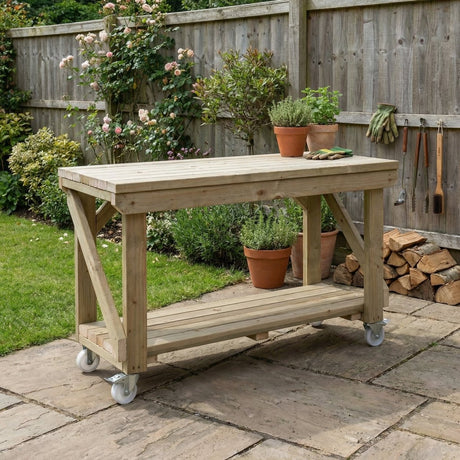 Indoor/outdoor workbench, pressure treated bench with wheels - Dandys Landscape Supplies