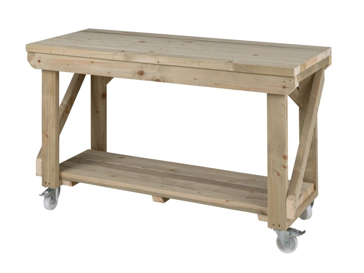 Indoor/outdoor workbench, pressure treated bench with wheels - Dandys Landscape Supplies