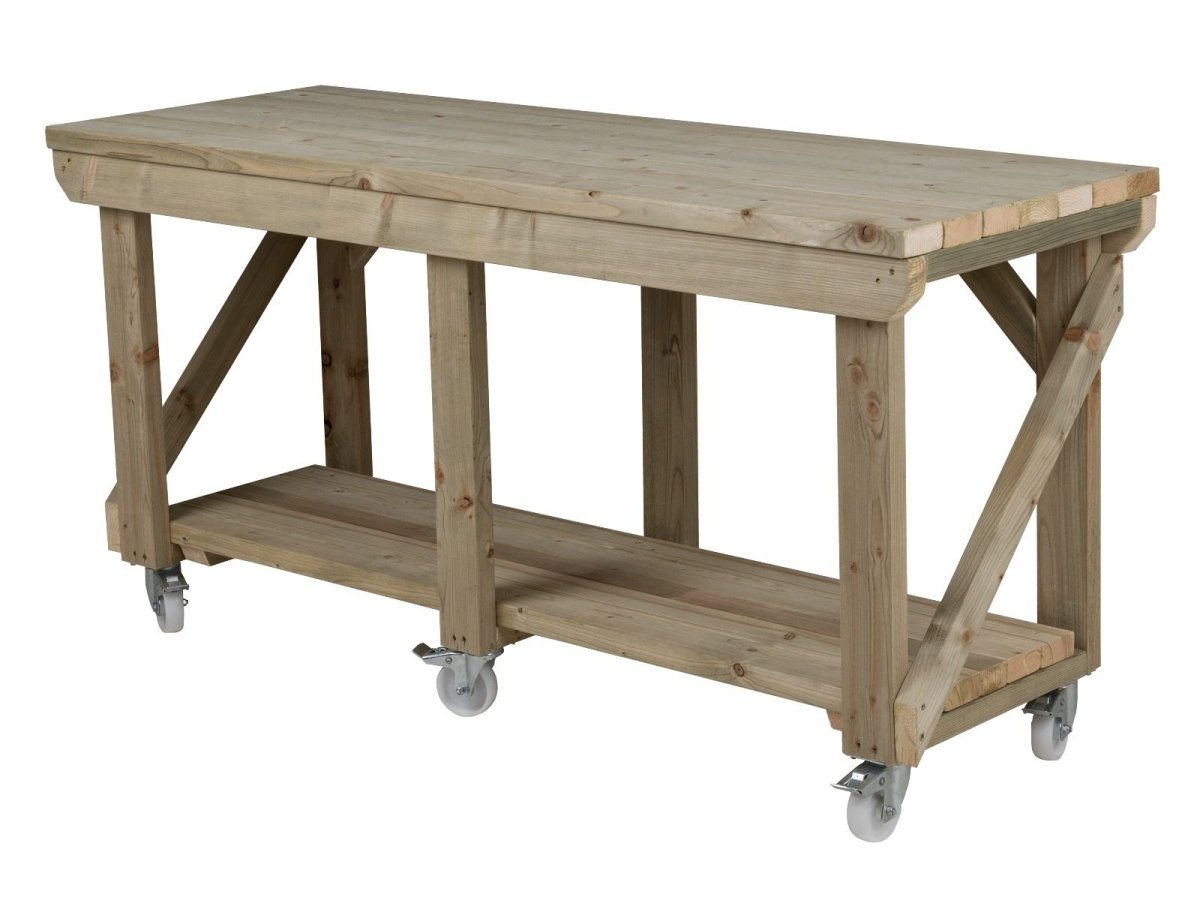 Indoor/outdoor workbench, pressure treated bench with wheels - Dandys Landscape Supplies