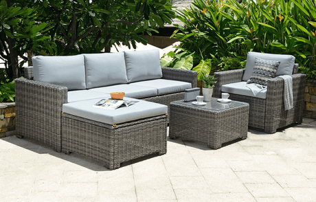 Marbella Grey 5 - Seater Garden Sofa Set with Ottoman and Cover Bundle - Dandys Landscape Supplies