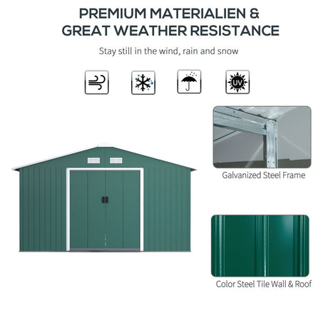 Outsunny 12.5 x 11.1ft Steel Sliding Door Storage Shed - Green - Dandys Landscape Supplies