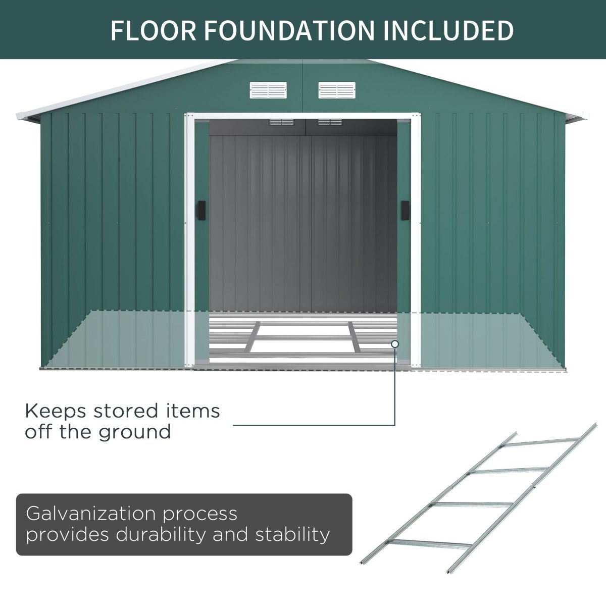 Outsunny 12.5 x 11.1ft Steel Sliding Door Storage Shed - Green - Dandys Landscape Supplies
