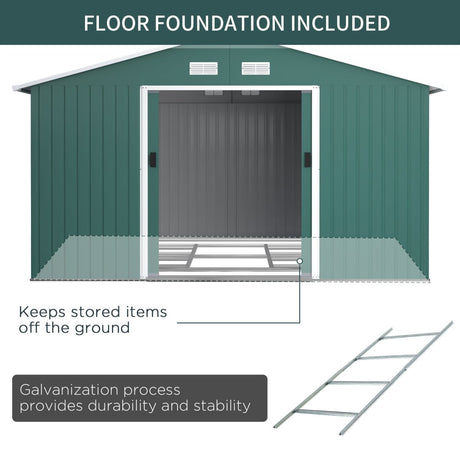 Outsunny 12.5 x 11.1ft Steel Sliding Door Storage Shed - Green - Dandys Landscape Supplies