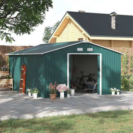 Outsunny 12.5 x 11.1ft Steel Sliding Door Storage Shed - Green - Dandys Landscape Supplies