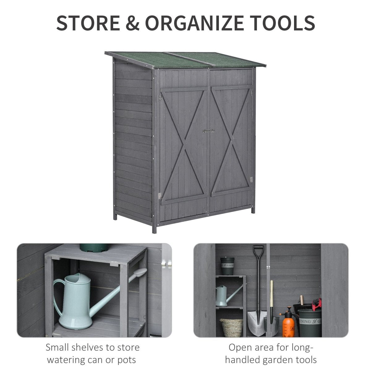 Outsunny 139 x 75 Fir Wood Garden Shed, with Asphalt Roof - Grey - Dandys Landscape Supplies