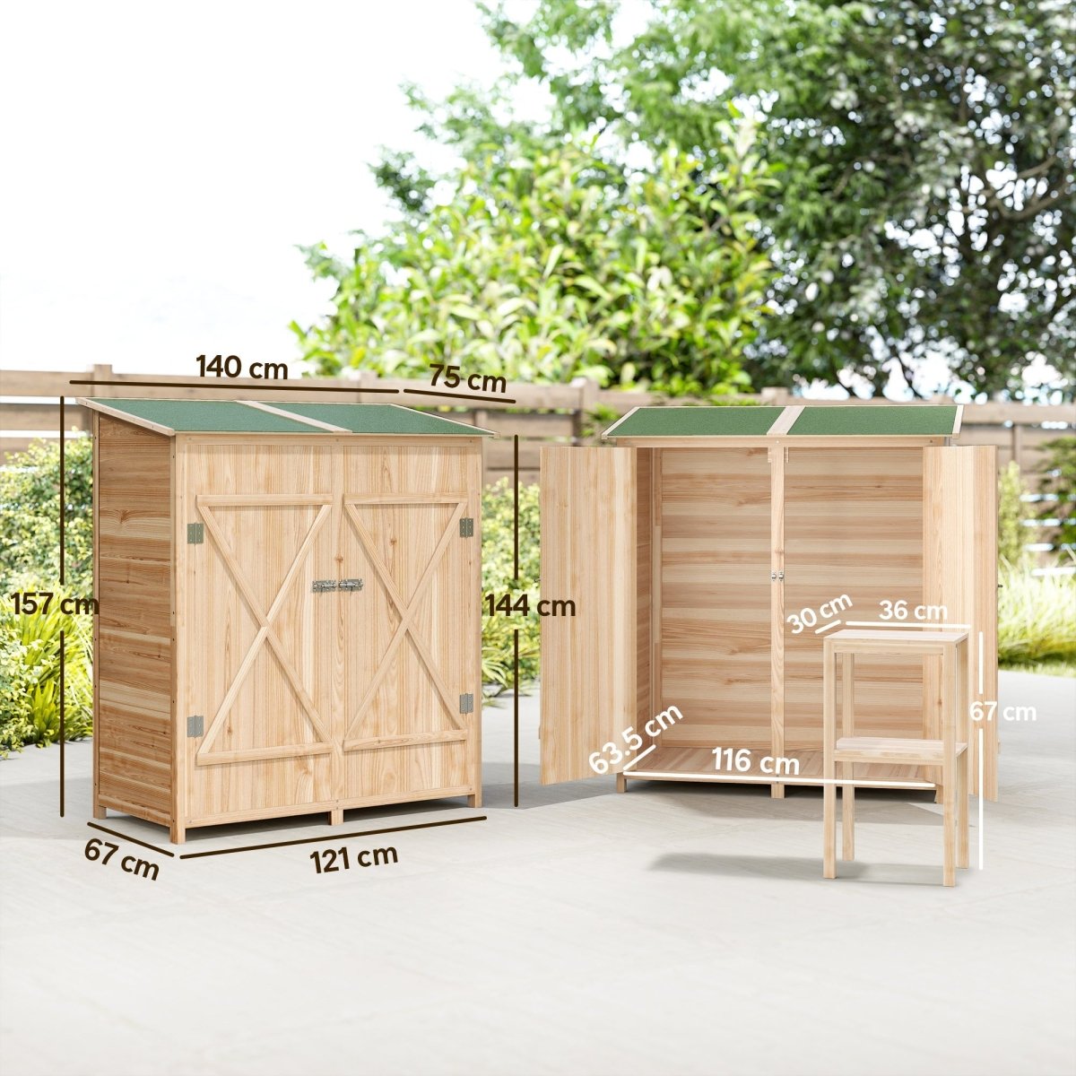 Outsunny 140 x 75 Fir Wood Garden Shed, with Asphalt Roof - Natural - Dandys Landscape Supplies