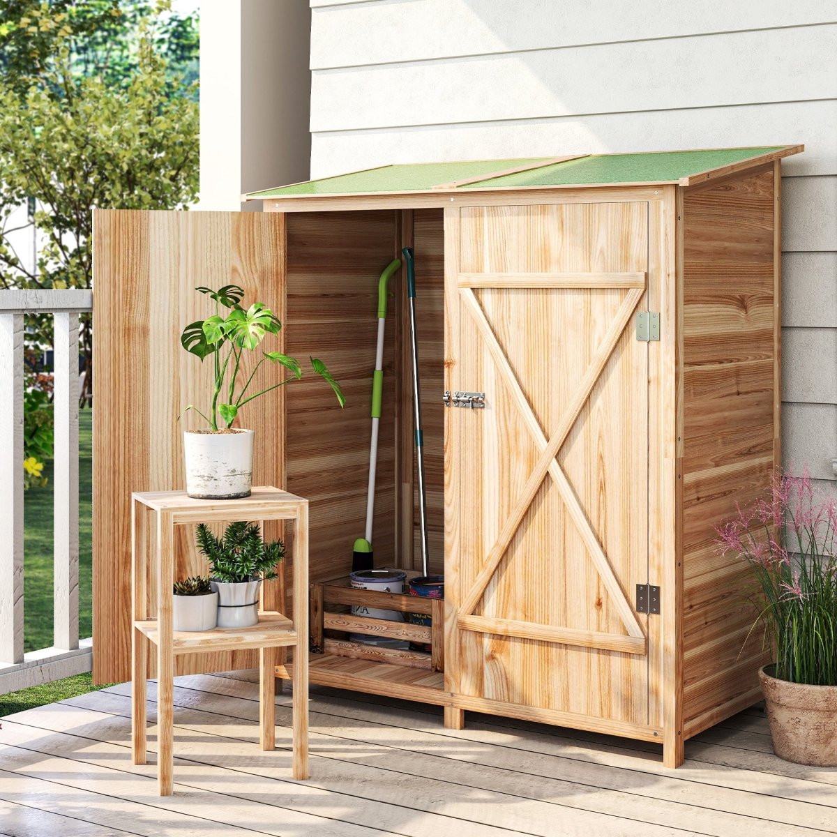 Outsunny 140 x 75 Fir Wood Garden Shed, with Asphalt Roof - Natural - Dandys Landscape Supplies