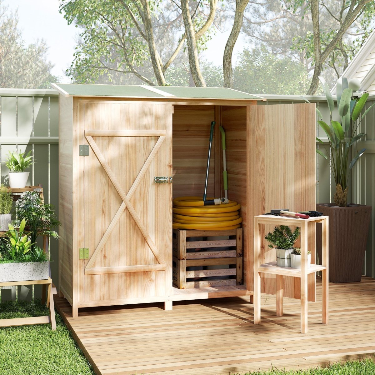 Outsunny 140 x 75 Fir Wood Garden Shed, with Asphalt Roof - Natural - Dandys Landscape Supplies