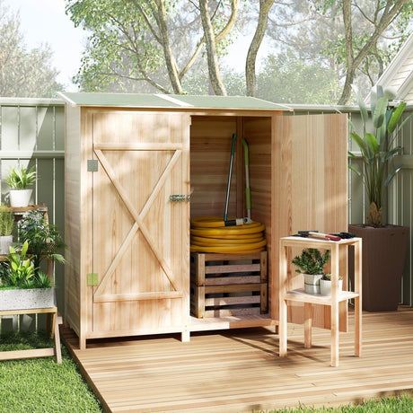 Outsunny 140 x 75 Fir Wood Garden Shed, with Asphalt Roof - Natural - Dandys Landscape Supplies