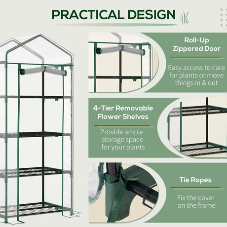 Outsunny 4 Tiers Mini Portable Greenhouse Compact Plant Grow Shed Metal Frame Transparent Clear Cover 160H x 70L x 50Wcm - Dandys Landscape Supplies