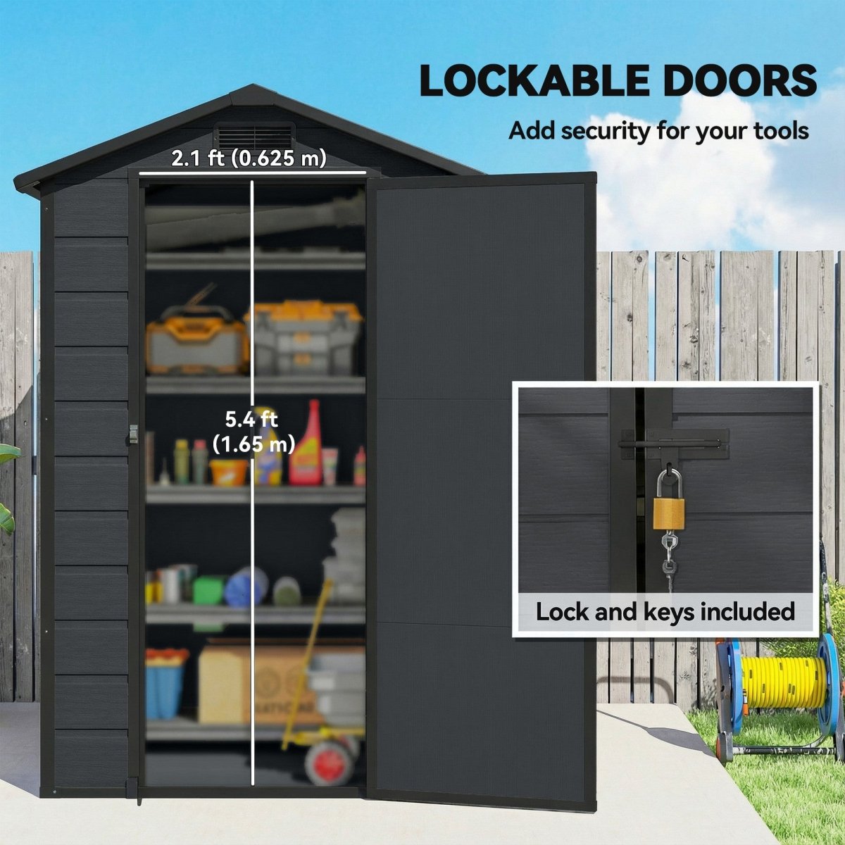 Outsunny 4 x 3 ft Plastic Garden Shed with Floor, Outdoor Storage Shed with Lockable Door, Window and Vent, Dark Grey - Dandys Landscape Supplies