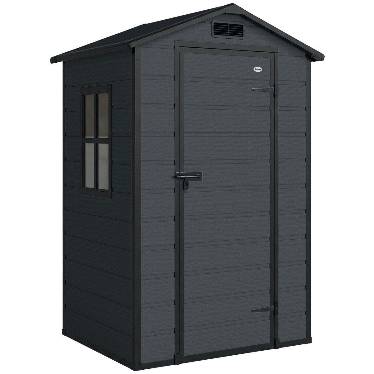 Outsunny 4 x 3 ft Plastic Garden Shed with Floor, Outdoor Storage Shed with Lockable Door, Window and Vent, Dark Grey - Dandys Landscape Supplies