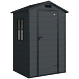 Outsunny 4 x 3 ft Plastic Garden Shed with Floor, Outdoor Storage Shed with Lockable Door, Window and Vent, Dark Grey - Dandys Landscape Supplies