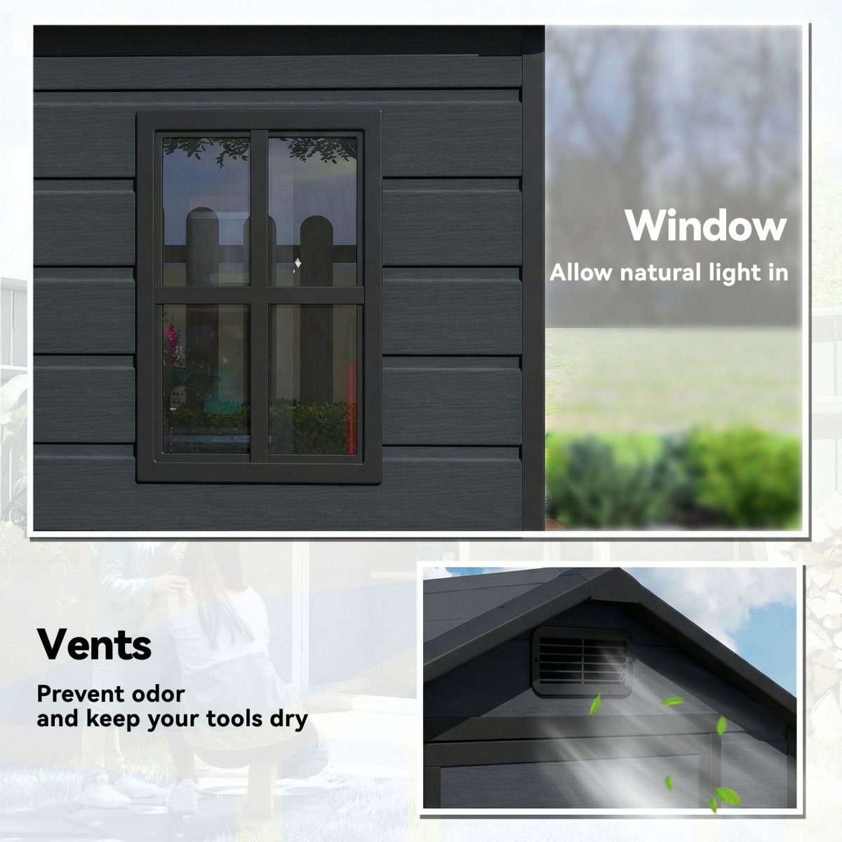 Outsunny 4 x 3 ft Plastic Garden Shed with Floor, Outdoor Storage Shed with Lockable Door, Window and Vent, Dark Grey - Dandys Landscape Supplies