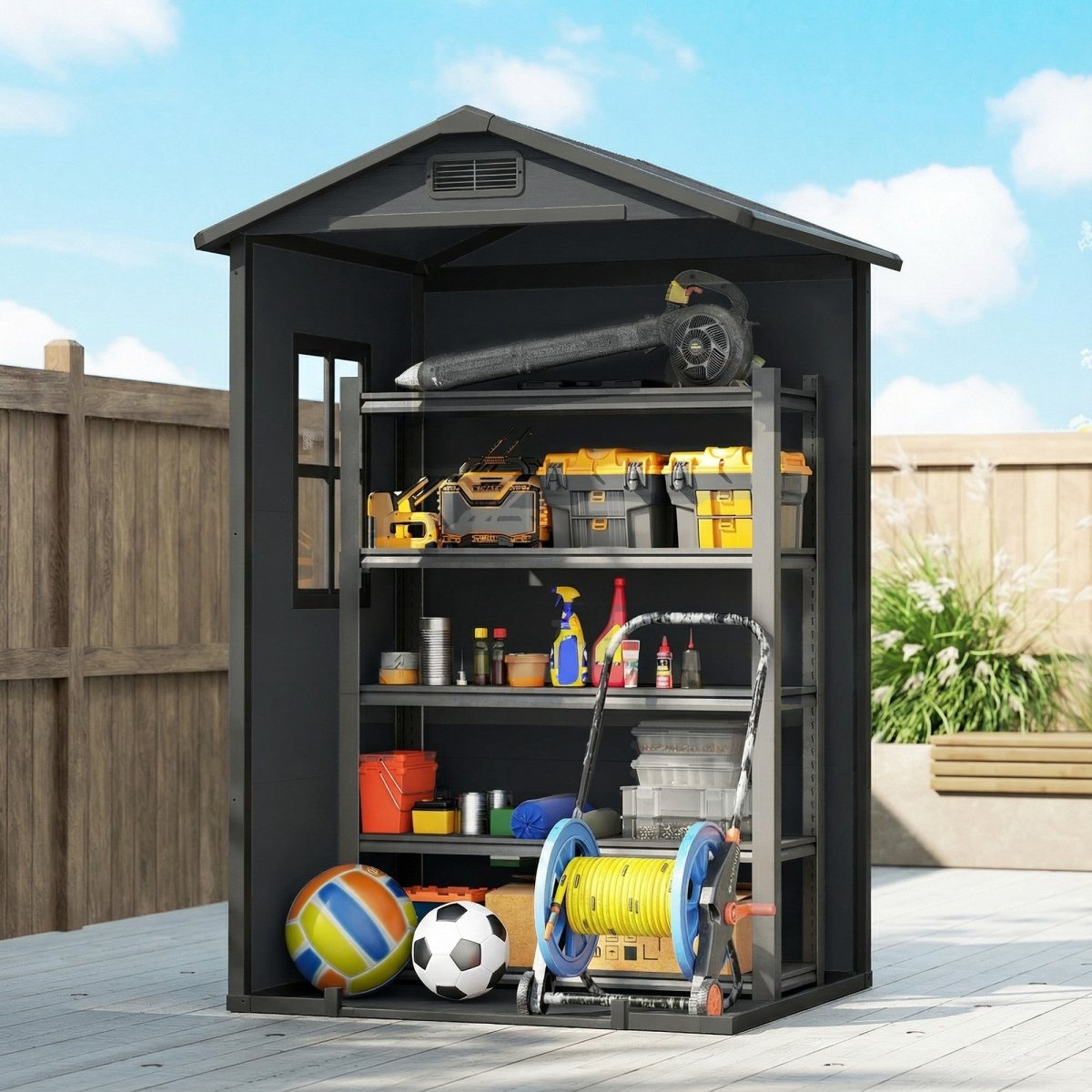 Outsunny 4 x 3 ft Plastic Garden Shed with Floor, Outdoor Storage Shed with Lockable Door, Window and Vent, Dark Grey - Dandys Landscape Supplies