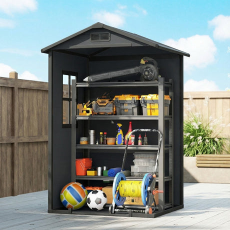 Outsunny 4 x 3 ft Plastic Garden Shed with Floor, Outdoor Storage Shed with Lockable Door, Window and Vent, Dark Grey - Dandys Landscape Supplies