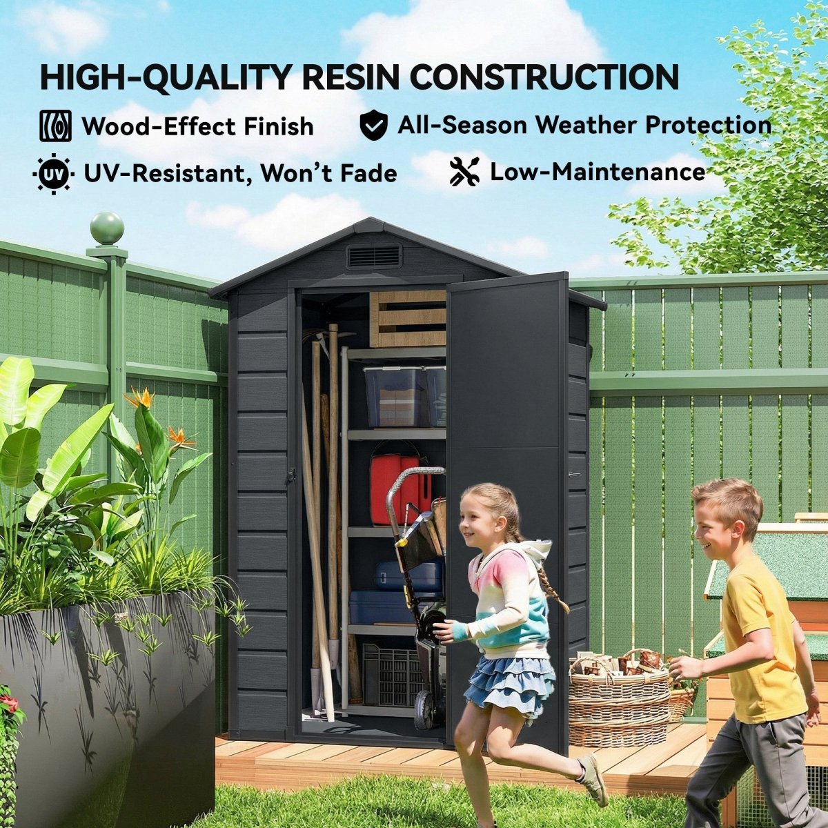 Outsunny 4 x 3 ft Plastic Garden Shed with Floor, Outdoor Storage Shed with Lockable Door, Window and Vent, Dark Grey - Dandys Landscape Supplies