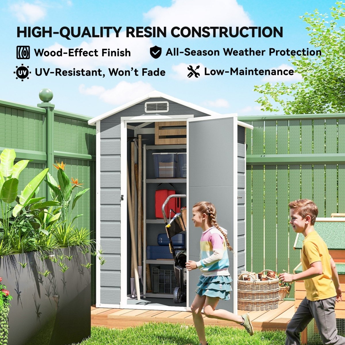 Outsunny 4 x 3 ft Plastic Garden Shed with Floor, Outdoor Storage Shed with Lockable Door, Window and Vent, Light Grey - Dandys Landscape Supplies