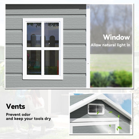 Outsunny 4 x 3 ft Plastic Garden Shed with Floor, Outdoor Storage Shed with Lockable Door, Window and Vent, Light Grey - Dandys Landscape Supplies