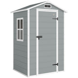 Outsunny 4 x 3 ft Plastic Garden Shed with Floor, Outdoor Storage Shed with Lockable Door, Window and Vent, Light Grey - Dandys Landscape Supplies