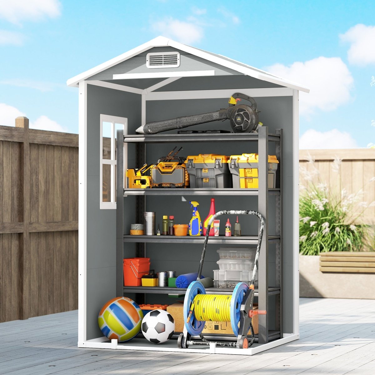 Outsunny 4 x 3 ft Plastic Garden Shed with Floor, Outdoor Storage Shed with Lockable Door, Window and Vent, Light Grey - Dandys Landscape Supplies