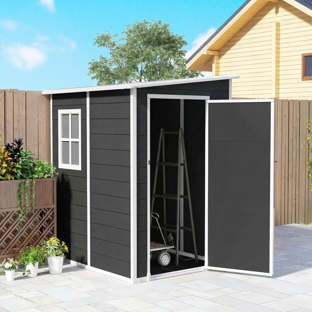 Outsunny 4'x5' Garden Storage Shed, Lean to Shed, Lockable Garden Shed with Window, Vent and Plastic Roof, Black - Dandys Landscape Supplies
