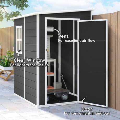 Outsunny 4'x5' Garden Storage Shed, Lean to Shed, Lockable Garden Shed with Window, Vent and Plastic Roof, Black - Dandys Landscape Supplies