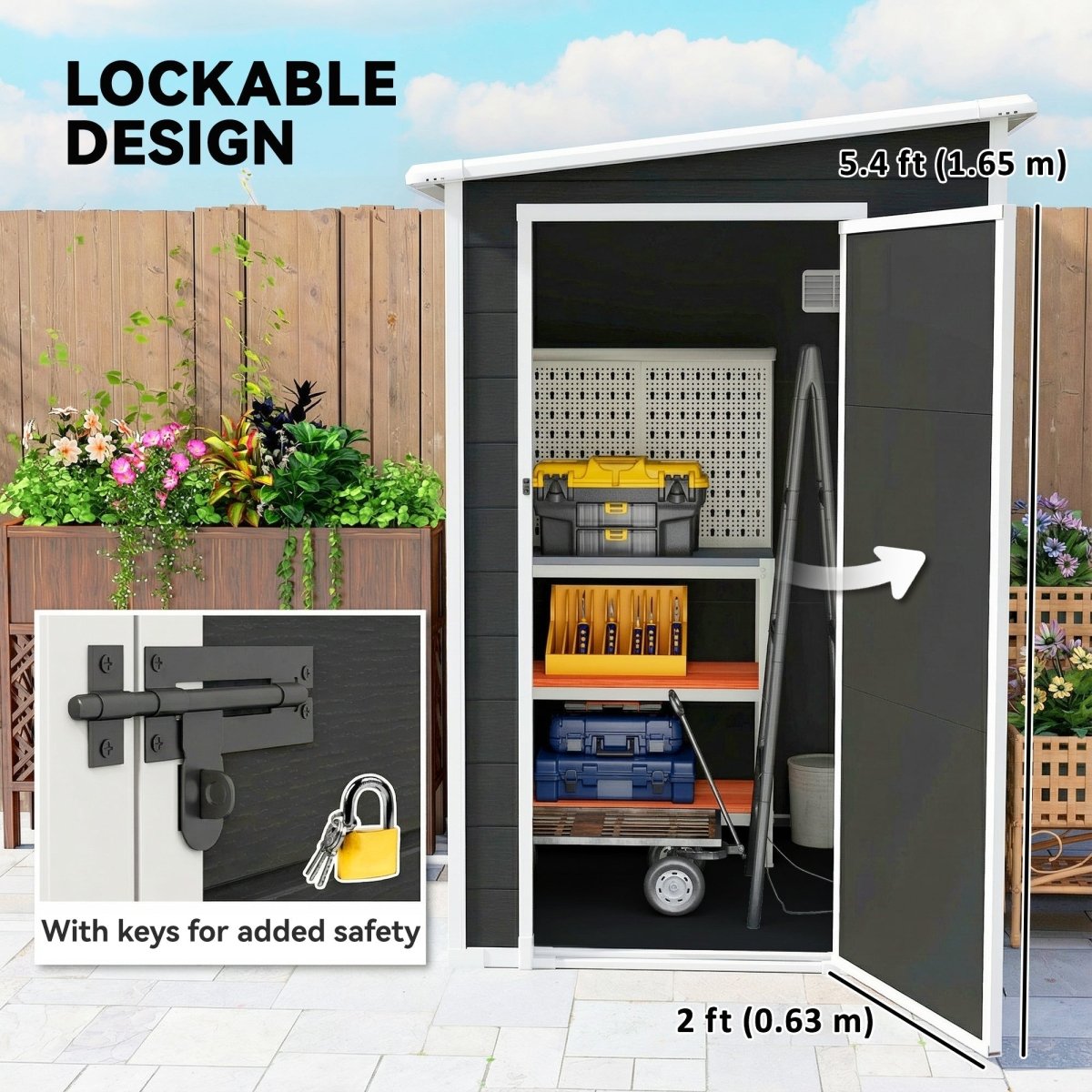 Outsunny 4'x5' Garden Storage Shed, Lean to Shed, Lockable Garden Shed with Window, Vent and Plastic Roof, Black - Dandys Landscape Supplies