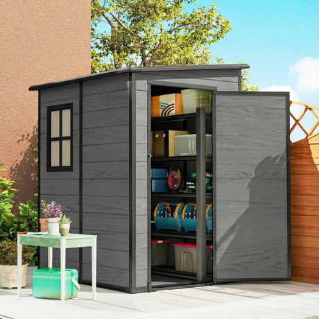 Outsunny 4'x5' Garden Storage Shed, Lean to Shed, Lockable Garden Shed with Window, Vent and Plastic Roof, Wood-Effect - Dandys Landscape Supplies