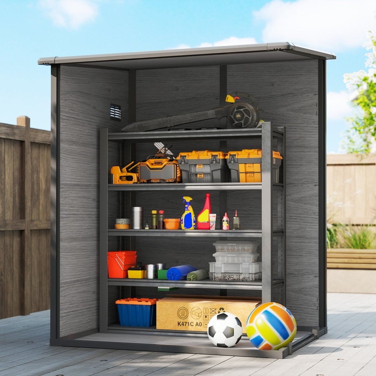 Outsunny 4'x5' Garden Storage Shed, Lean to Shed, Lockable Garden Shed with Window, Vent and Plastic Roof, Wood-Effect - Dandys Landscape Supplies
