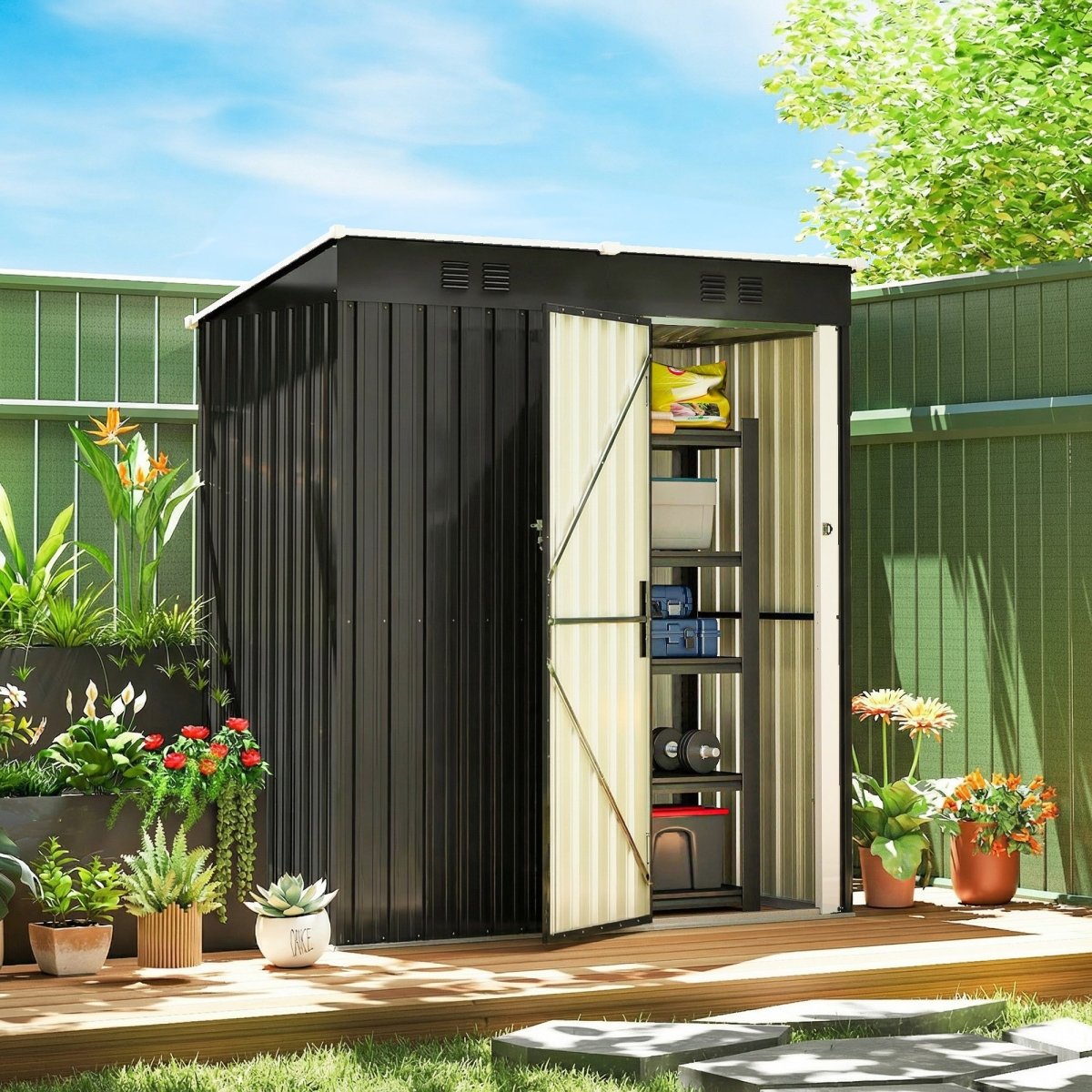 Outsunny 5 x 3 ft Lean-to Garden Shed, Outdoor Storage Shed with Lockable Door and Vents, Dark Grey - Dandys Landscape Supplies