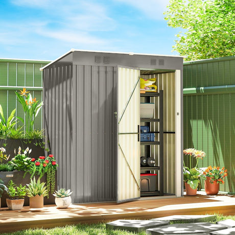 Outsunny 5 x 3 ft Lean-to Garden Shed, Outdoor Storage Shed with Lockable Door and Vents, Light Grey - Dandys Landscape Supplies