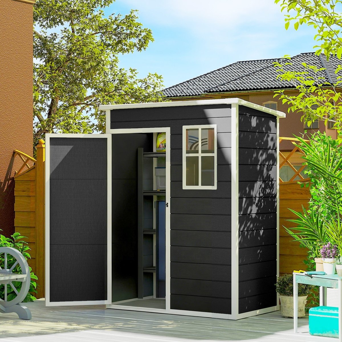 Outsunny 5' x 3' Garden Shed with Floor, Outdoor Storage Shed with Lockable Door, Window and Vent, Black - Dandys Landscape Supplies