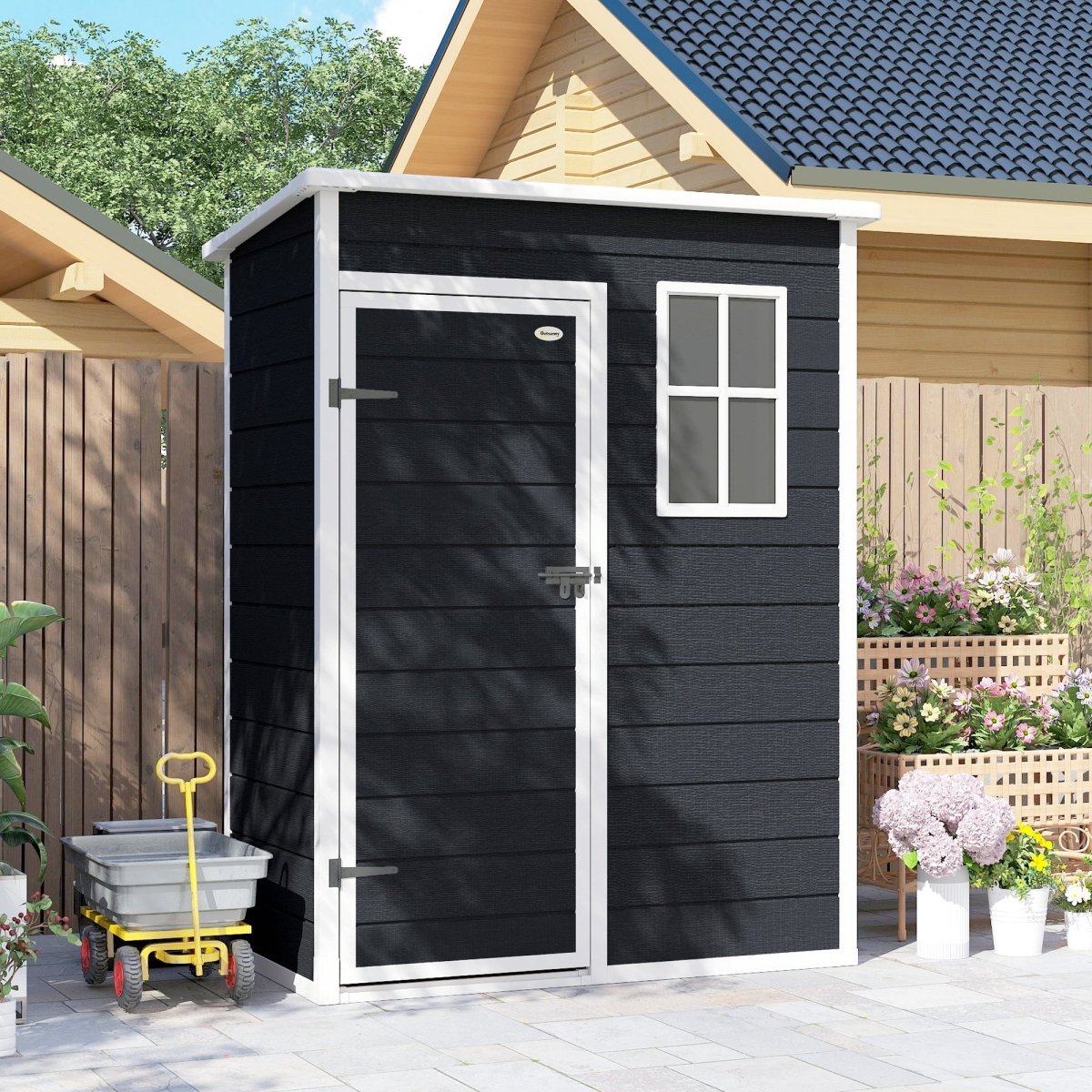 Outsunny 5' x 3' Garden Shed with Floor, Outdoor Storage Shed with Lockable Door, Window and Vent, Black - Dandys Landscape Supplies