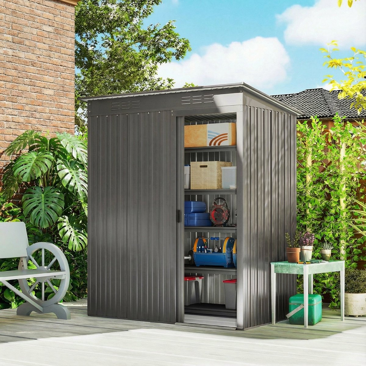 Outsunny 5 x 3.5ft Metal Garden Storage Shed with Effortless Assembly and 2 Pairs of Gloves, Waterproof Outdoor Shed, Light Grey - Dandys Landscape Supplies