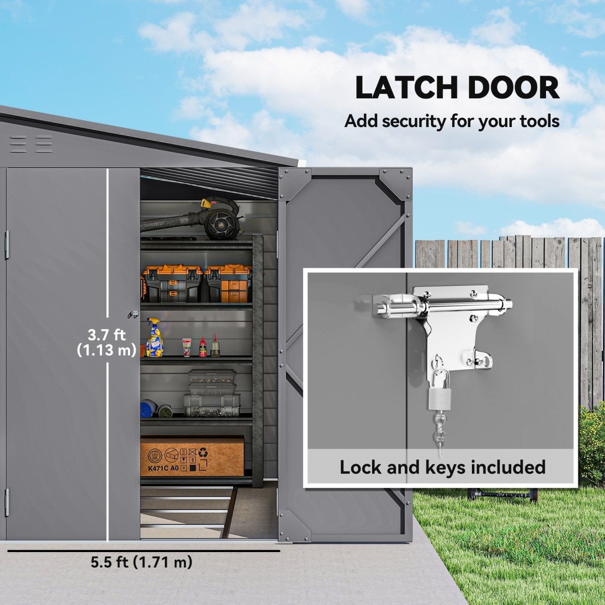 Outsunny 5 x 9ft Galvanised Metal Garden Shed with Foundation Kit, Outdoor Lean-to Shed, Tool Storage House with Lockable Doors, Gloves and 2 Air Vents for Patio, Garden, Grey - Dandys Landscape Supplies