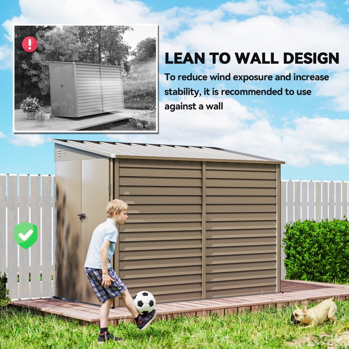 Outsunny 5 x 9ft Galvanised Metal Garden Shed with Foundation Kit, Outdoor Lean-to Shed, Tool Storage House with Lockable Doors, Gloves and 2 Air Vents for Patio, Garden, Brown - Dandys Landscape Supplies