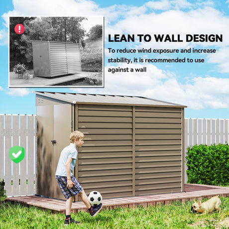 Outsunny 5 x 9ft Galvanised Metal Garden Shed with Foundation Kit, Outdoor Lean-to Shed, Tool Storage House with Lockable Doors, Gloves and 2 Air Vents for Patio, Garden, Brown - Dandys Landscape Supplies