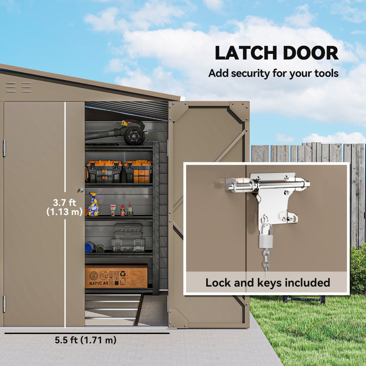 Outsunny 5 x 9ft Galvanised Metal Garden Shed with Foundation Kit, Outdoor Lean-to Shed, Tool Storage House with Lockable Doors, Gloves and 2 Air Vents for Patio, Garden, Brown - Dandys Landscape Supplies