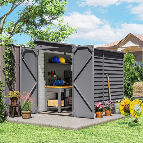 Outsunny 5 x 9ft Galvanised Metal Garden Shed with Foundation Kit, Outdoor Lean-to Shed, Tool Storage House with Lockable Doors, Gloves and 2 Air Vents for Patio, Garden, Grey - Dandys Landscape Supplies