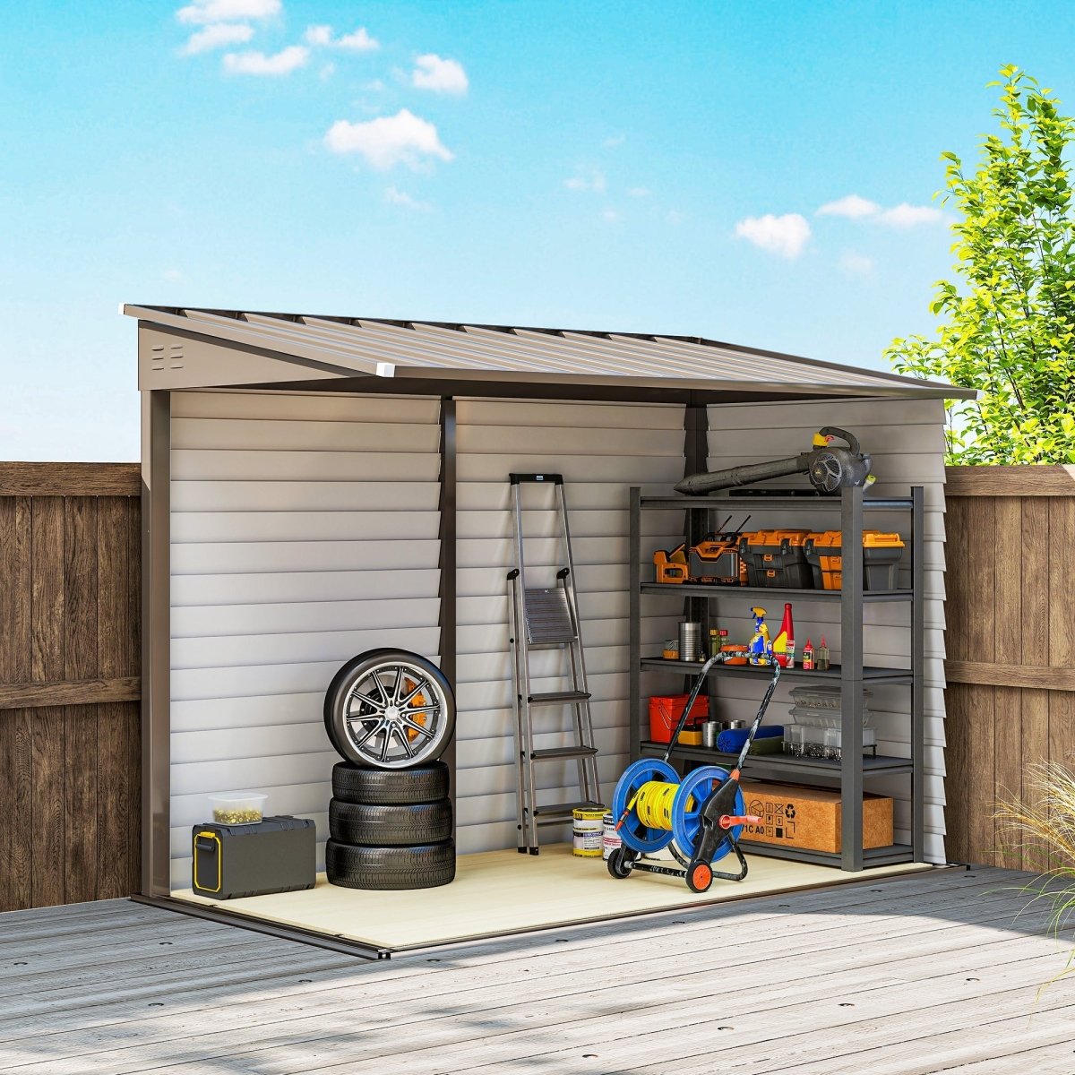 Outsunny 5 x 9ft Galvanised Metal Garden Shed with Foundation Kit, Outdoor Lean-to Shed, Tool Storage House with Lockable Doors, Gloves and 2 Air Vents for Patio, Garden, Brown - Dandys Landscape Supplies