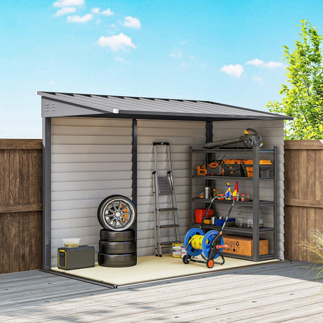 Outsunny 5 x 9ft Galvanised Metal Garden Shed with Foundation Kit, Outdoor Lean-to Shed, Tool Storage House with Lockable Doors, Gloves and 2 Air Vents for Patio, Garden, Grey - Dandys Landscape Supplies